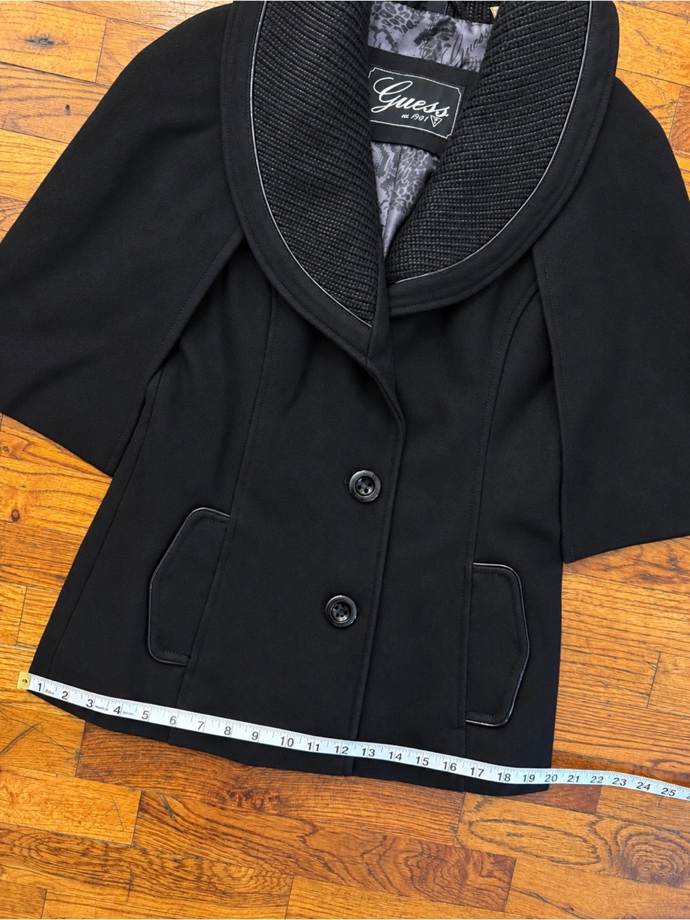 GUESS Black Wool Blend Cape Jacket Ribbed Shawl Collar Piping Women's Size S - Picture 12 of 15